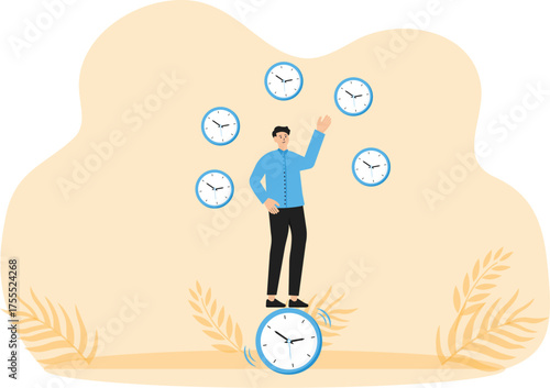 Time management for best efficiency and productivity, manage project and control timeline or schedule, speed or fast work concept, businessman juggling clocks and balance herself on the clock.
