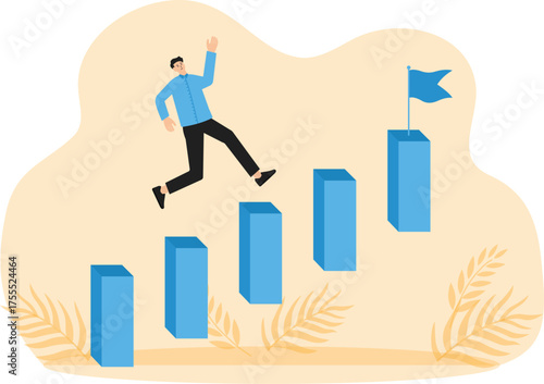 Career advancement and development or business growth, progress to more responsibility and salary or job promotion, improvement opportunity step up growing bar graph stairs.
