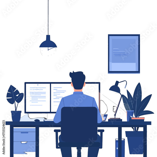Man Sits Before Dual Monitors in Home Office with Desk Lamp Pendant Light and Framed Code on Wall Vector Art