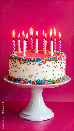 Colorful Birthday Cake with Lit Candles