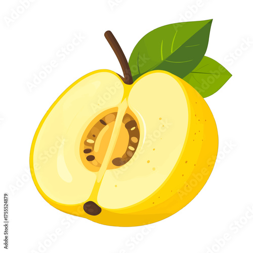 Half Cut Yellow Apple with Seeds and Two Green Leaves on White Background Flat Style Design Fruit Close Up Detail