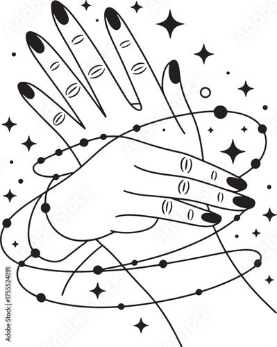 Mystical Hand with Star Symbols and Beads Line Art Vector on Transparent