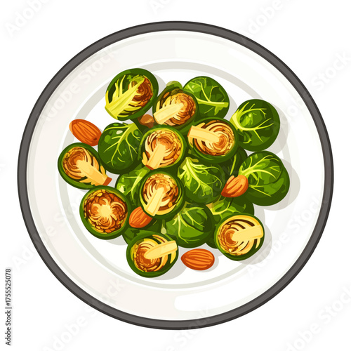 Overhead View of Roasted Brussels Sprouts with Almonds on White Plate Still Life