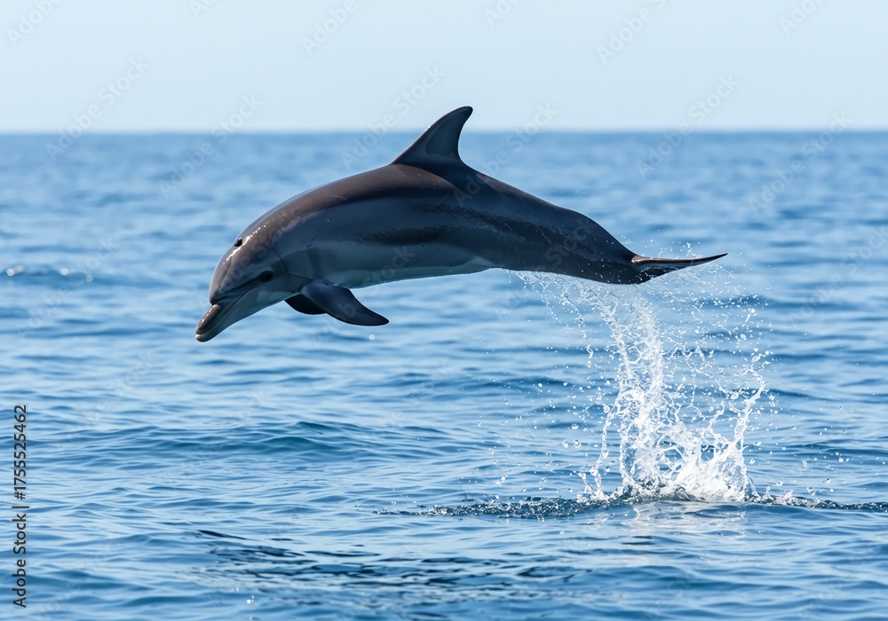 Naklejka premium Experience the wonder of the ocean with this stunning dolphin leaping gracefully from the crystal blue water, a moment of pure joy and freedom under the bright sunny sky