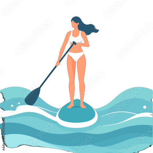 Illustration of Woman Paddleboarding in Blue Water with a White Bikini and Oar in a Clean White Background