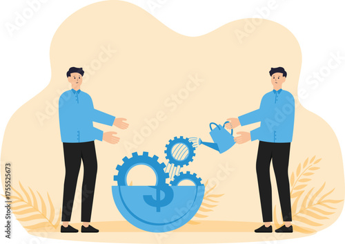 Financial or money liquidity to help economic stimulus, central bank monetary policy to help lubricate economy concept, businessman put lubricant oil on machine gear of opening money dollar coin.

