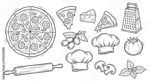 Pizza Doodle Set – Hand Drawn Food Illustrations and Ingredients Vector