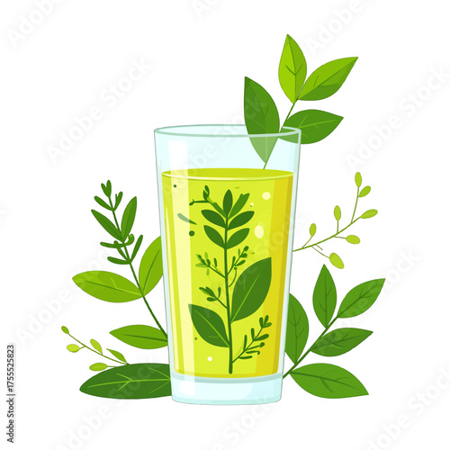 Refreshing Green Beverage in Glass with Botanical Accents on White Background Flat Vector Illustration for Adobe Stock
