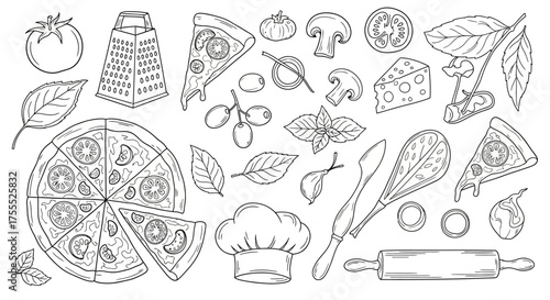 Pizza Doodle Set – Hand Drawn Food Illustrations and Ingredients Vector