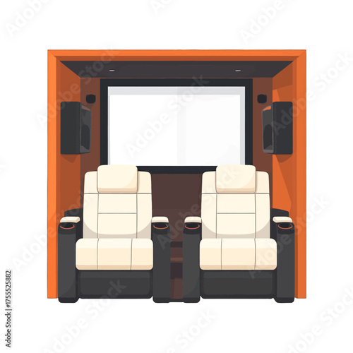 Pixelated Home Theater Setup with Two Cream Chairs Dark Accents and Orange Surroundings for Immersive Cinematic Experience With White Screen and Dark Speakers