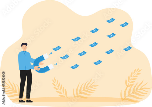 Money magnet and power to attract business opportunity and earn more profit or increase wealth and salary raise or earn more income concept, businessman hold high power magnet to draw money banknotes.