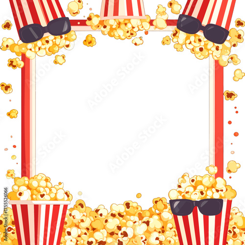 Festive Movie Night Themed Frame with Popcorn and 3D Glasses on White Backdrop