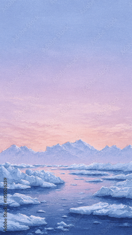 Fototapeta premium A Breathtaking Arctic Landscape at Sunset: Serene Glaciers and Gentle Waters Under a Soft Pink and Blue Sky