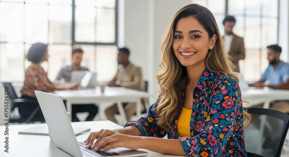 Fototapeta premium Happy Professional Woman Working on Laptop in Office