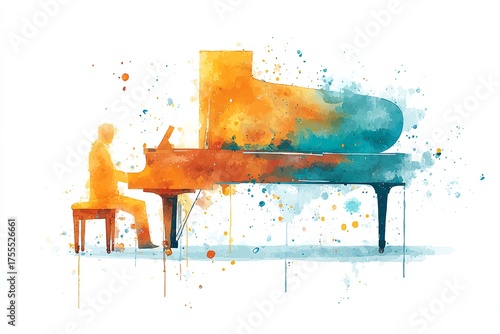 watercolor piano player orange blue abstract clip art preview