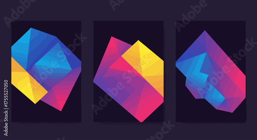Three abstract, colorful, geometric artworks showcasing vibrant shapes and paint splatters on dark backgrounds.