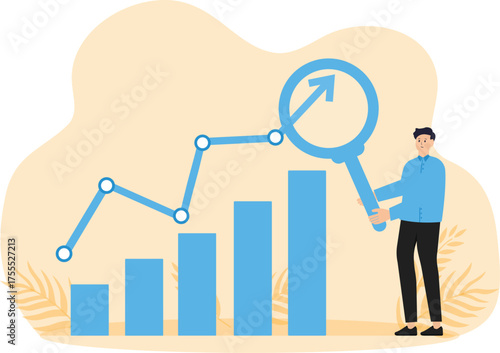 Research and development and analyze data for insight information to improve or optimize, market research to increase growth concept, business people researching with magnifying glass and computer.
