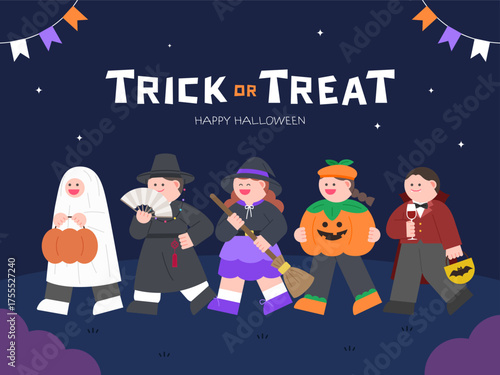 People walking in various costumes to celebrate Halloween.