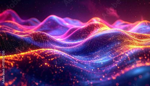 Abstract, glowing, digital landscape with undulating, colorful forms