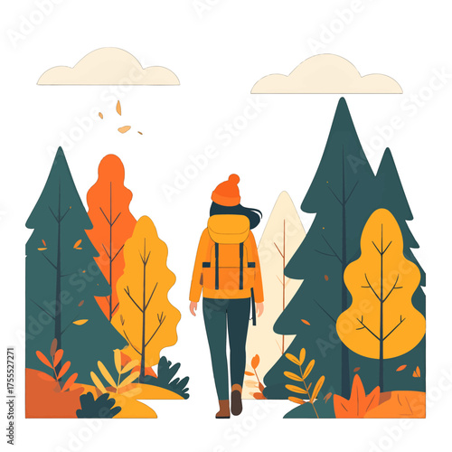 Female Hiker in Yellow Jacket Walking Through Autumnal Forest with Tall Pines and Colorful Trees Under Cloudy Sky
