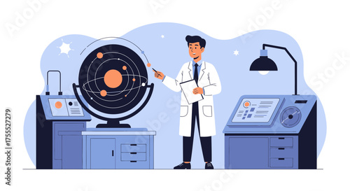 Illustration of a scientist explaining the solar system model in a laboratory setting