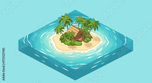 Isometric illustration of tropical island with hut surrounded by palm trees and turquoise water