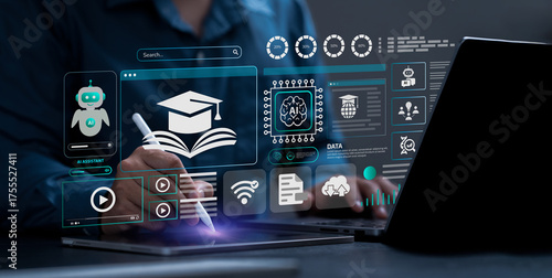AI Artificial Intelligence and Education technology concept. A man use laptops, Learn lessons and online webinars successfully in modern digital learning, Courses to develop new skills. E-learning.