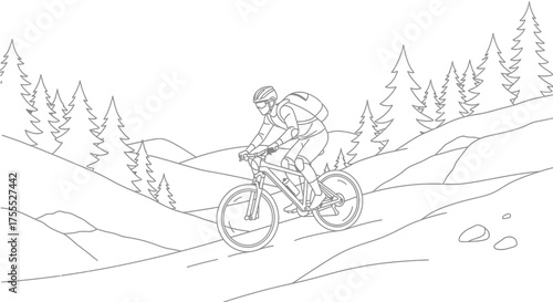 Line art illustration of mountain biker in forest landscape with simple design minimal shading and
