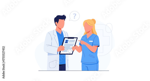 Medical consultation between a doctor and a nurse reviewing patient information collaboratively