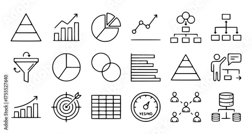 Various icons of diagrams, measurements, temperature, charts, presentations, and people. Can be used for presentations, values, performance, economics, and meetings.