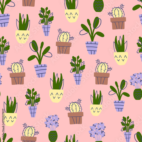 seamless pattern with  home flower in a pott  Cozy home