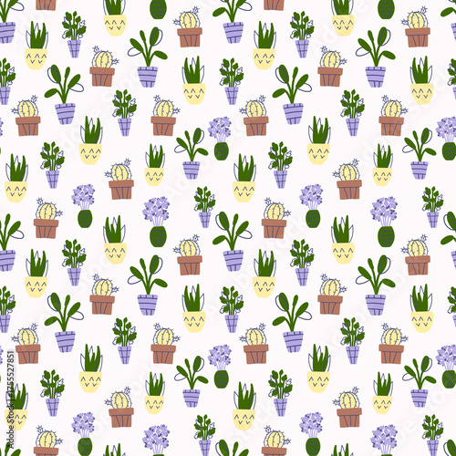 seamless pattern with  home flower in a pott  Cozy home