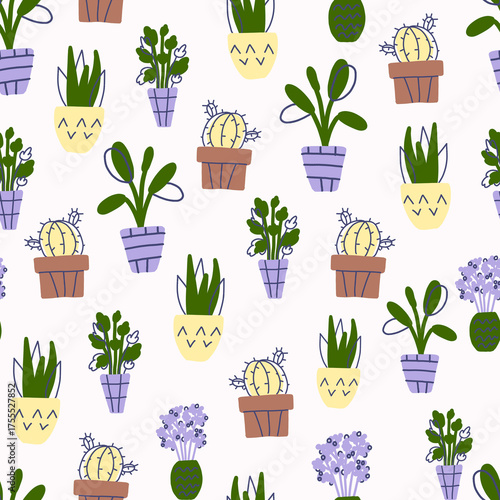 seamless pattern with  home flower in a pott  Cozy home