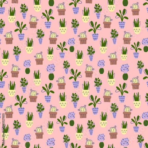 seamless pattern with  home flower in a pott  Cozy home