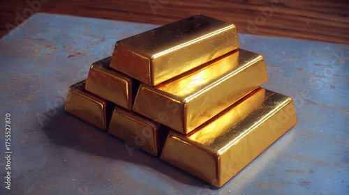 A pyramid of glistening gold bars sits on a weathered blue-gray surface, with a blurred dark wooden background emphasizing their shine