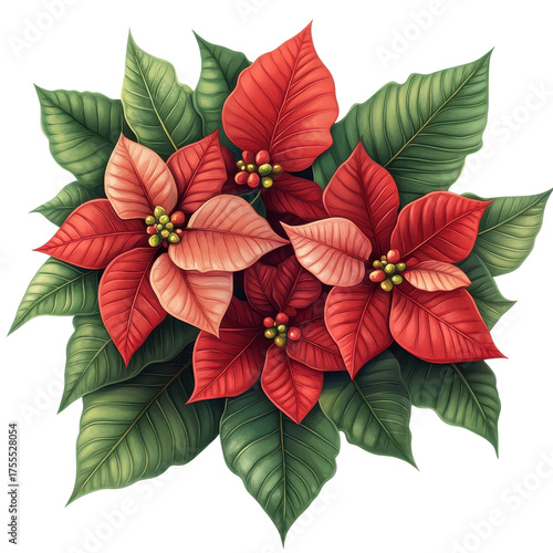 Red and green poinsettia leaves isolated on transparent background.