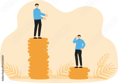 Economic inequality and rich and poor gap, unfairness income and different money people being paid concept, businessman standing on high salary coins tower with poor black man on low coins stack.
