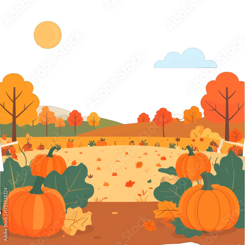Autumnal Landscape with Pumpkins and Falling Leaves Under a Sunny Sky Detailed Vector Illustration with Orange and Brown Hues and a Peaceful Countryside Scene