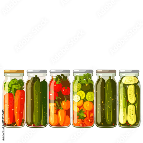 Row of Glass Jars with Pickled Vegetables in Retro Pixel Art Style Against White Background