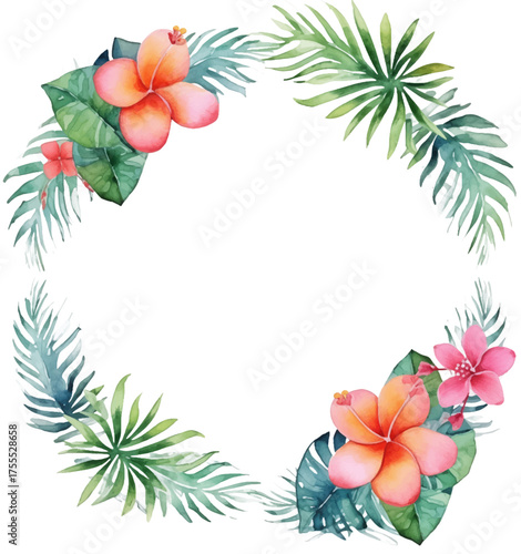 Isolated watercolor floral element in circular frame. Tropical-inspired vector design with vibrant pink flowers and lush green leaves, refreshing and summery atmosphere. Natural touch for invitations