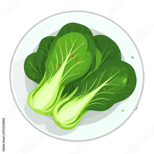 Overhead View of Green Bok Choy on White Plate Pixel Art Style