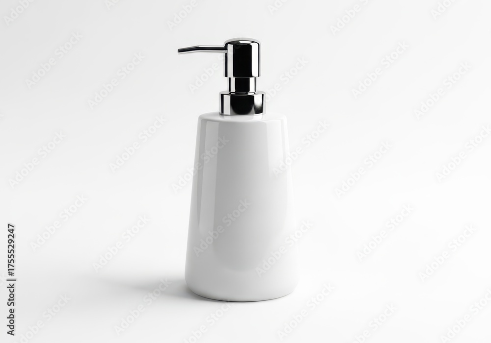 Obraz premium Modern white ceramic soap dispenser with chrome pump for stylish kitchen or bathroom