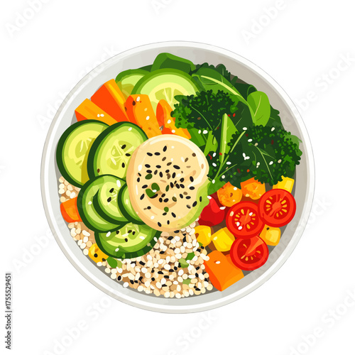 Overhead View of White Bowl Filled with Colorful Fresh Vegetables and Grains on White Background Healthy Eating Concept
