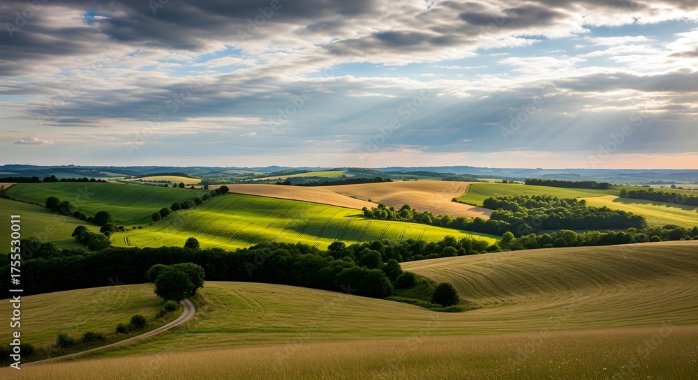 Obraz premium Rolling hills and sunbeams create a picturesque landscape on a cloudy day