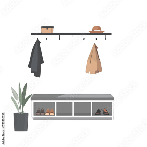 Entryway Interior Scene with Wall Mounted Rack Gray Bench and Assorted Shoes Below with Potted Plant on Floor Against White Background Vector Illustration