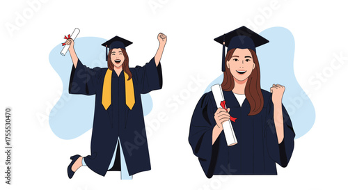 Two happy graduates in caps and gowns celebrate their academic achievement.