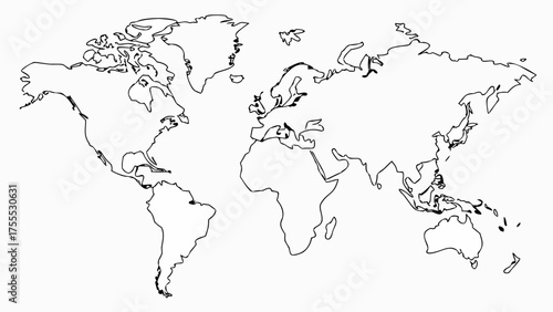 Outlined world map showing continents in black and white simple design with a rough sketched appearance