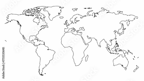 A world map outline showing continents and major landmasses in a simple black and white illustration style