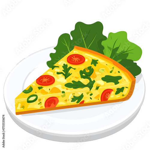 Slice of Yellow Quiche Topped with Cherry Tomatoes and Greens on a White Plate