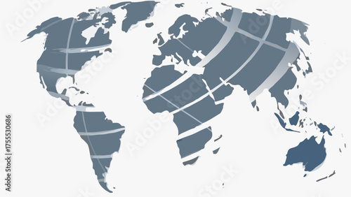 World map projection with gray continents and white background and grid lines across the globe view design